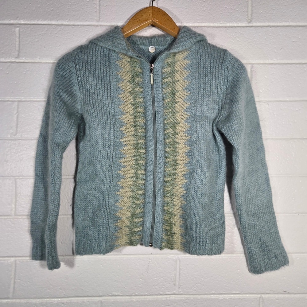Vtg Margaret O'Leary Mohair Wool Full Zip Hood Sweater Pastel Small USA Cottage